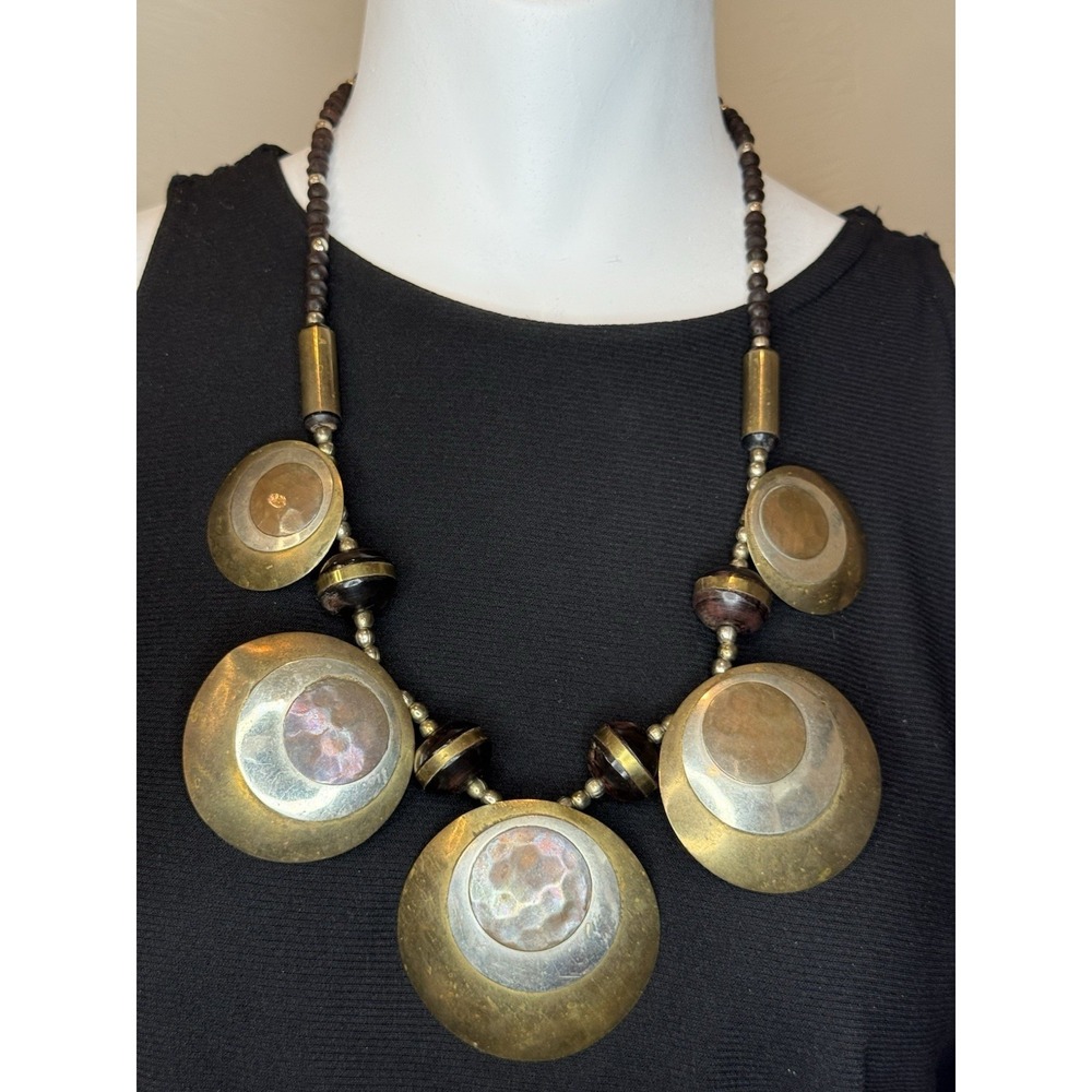 Vtg Brutalist Mixed Metal Brass Copper Disc Bib Statement Ethnic Collar Necklace